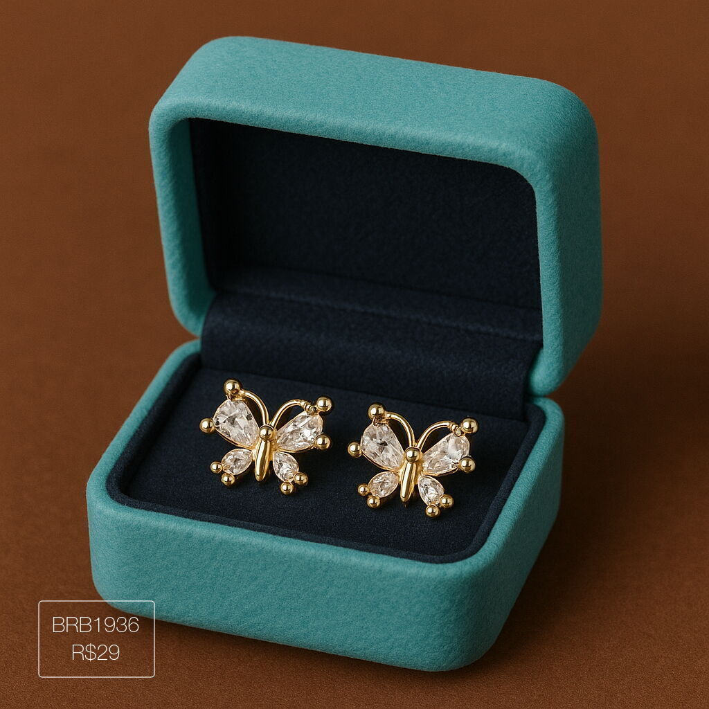 Brinco de Borboleta c/ 4 Gotas Cristal Dourado